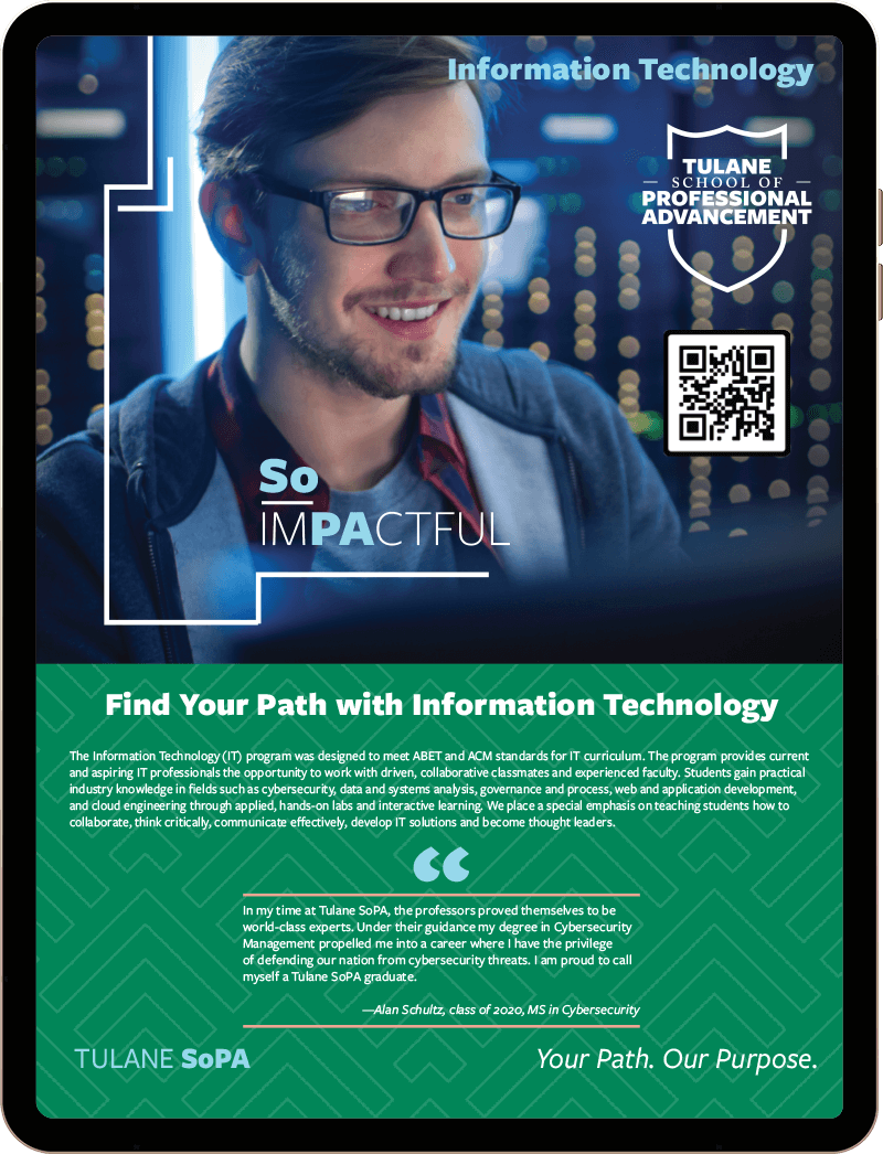 Screenshot of the BS in Information Technology homepage at the Tulane School of Professional Advancement, which offers professional advancement programs in New Orleans, LA