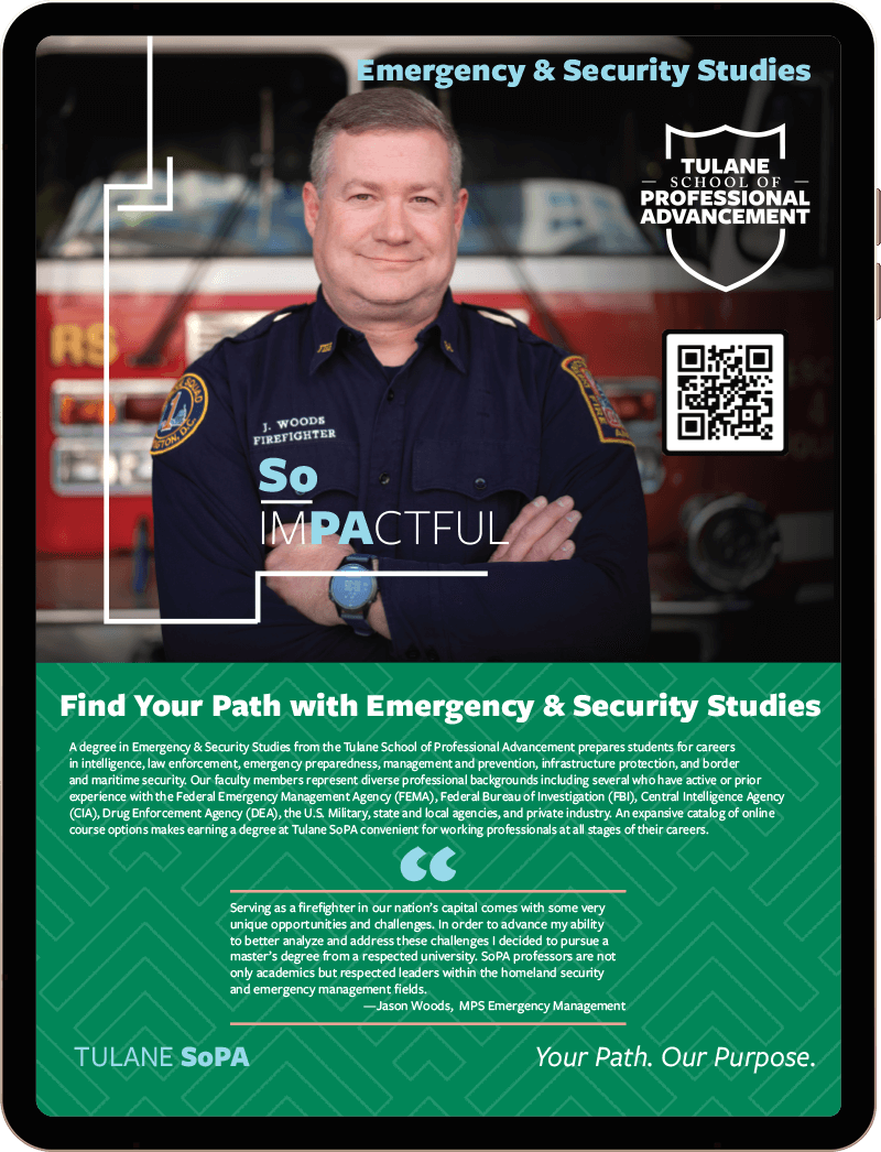 Emergency & Security Studies brochure preview on iPad - Tulane SoPA