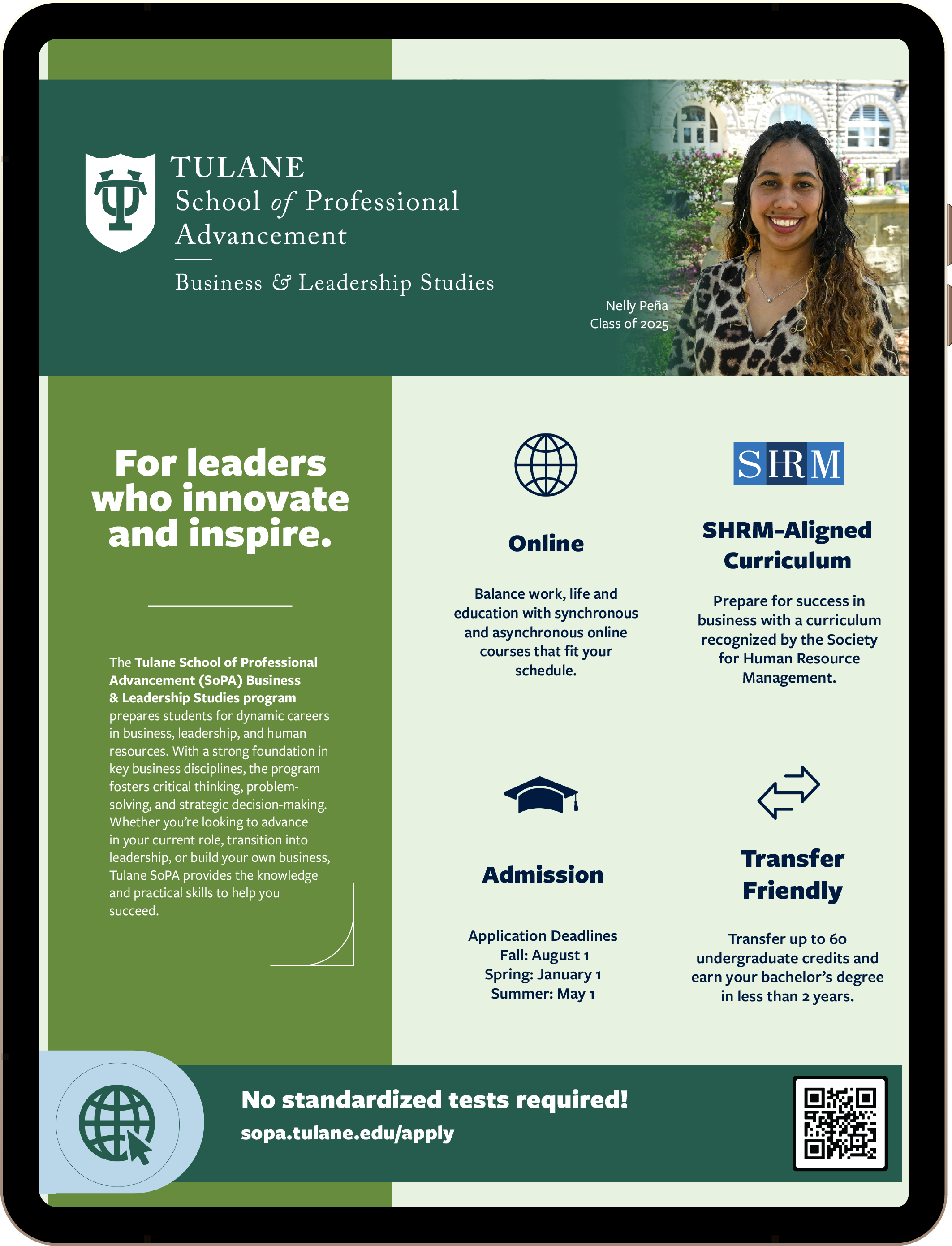 An iPad graphic of the Business and Leadership Studies brochure