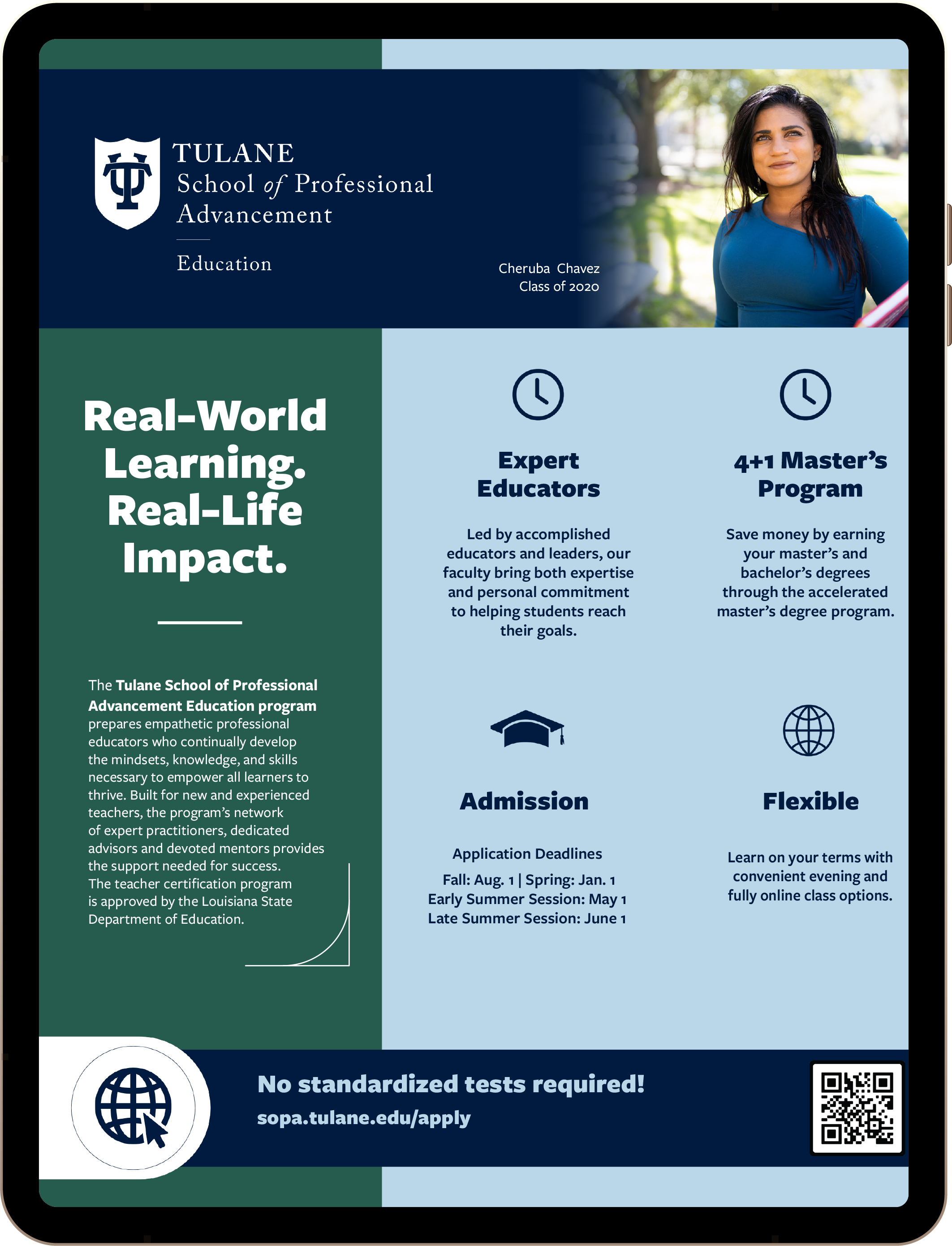 An iPad graphic of the Education program brochure