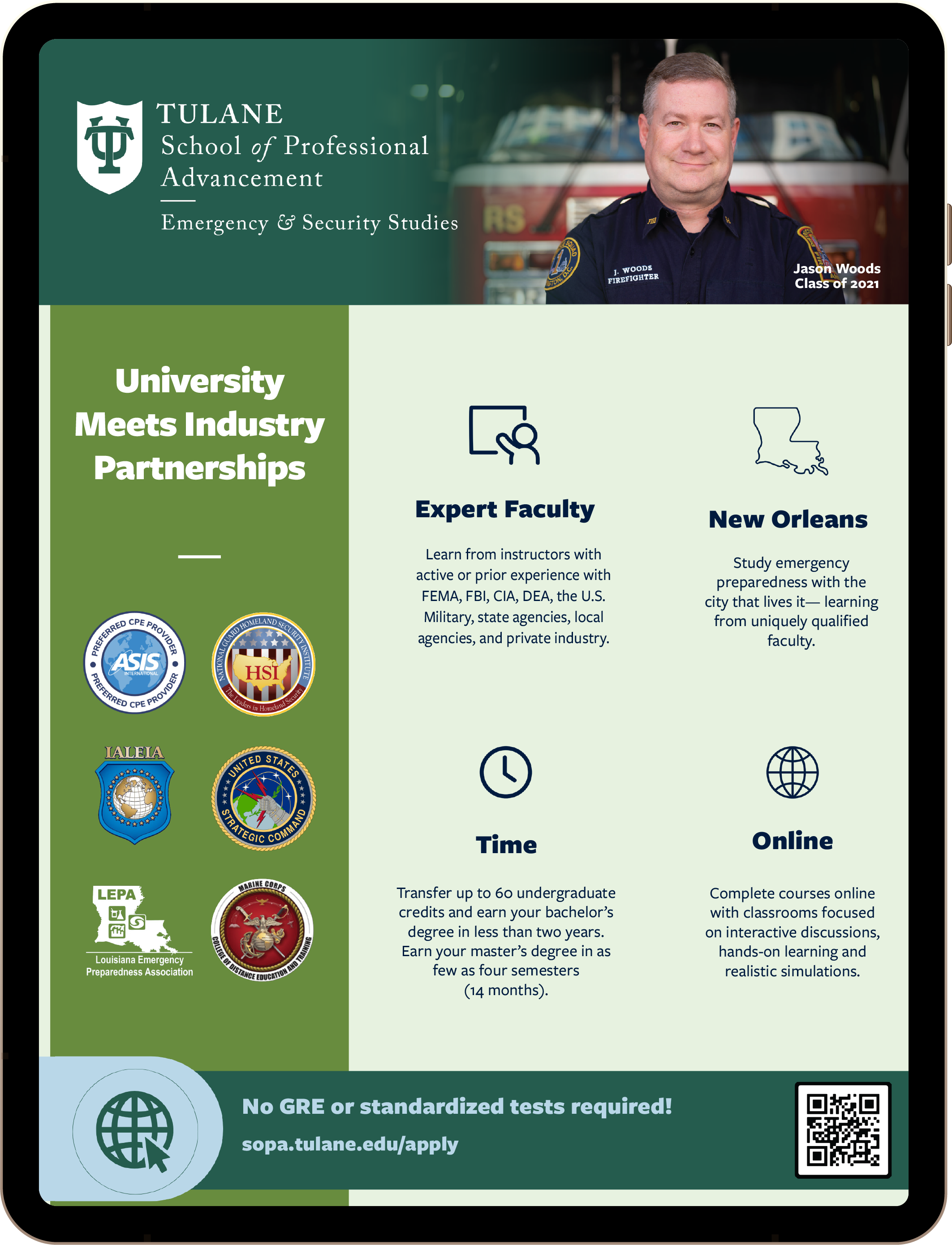 iPad graphic of the Emergency and Security Studies program brochure