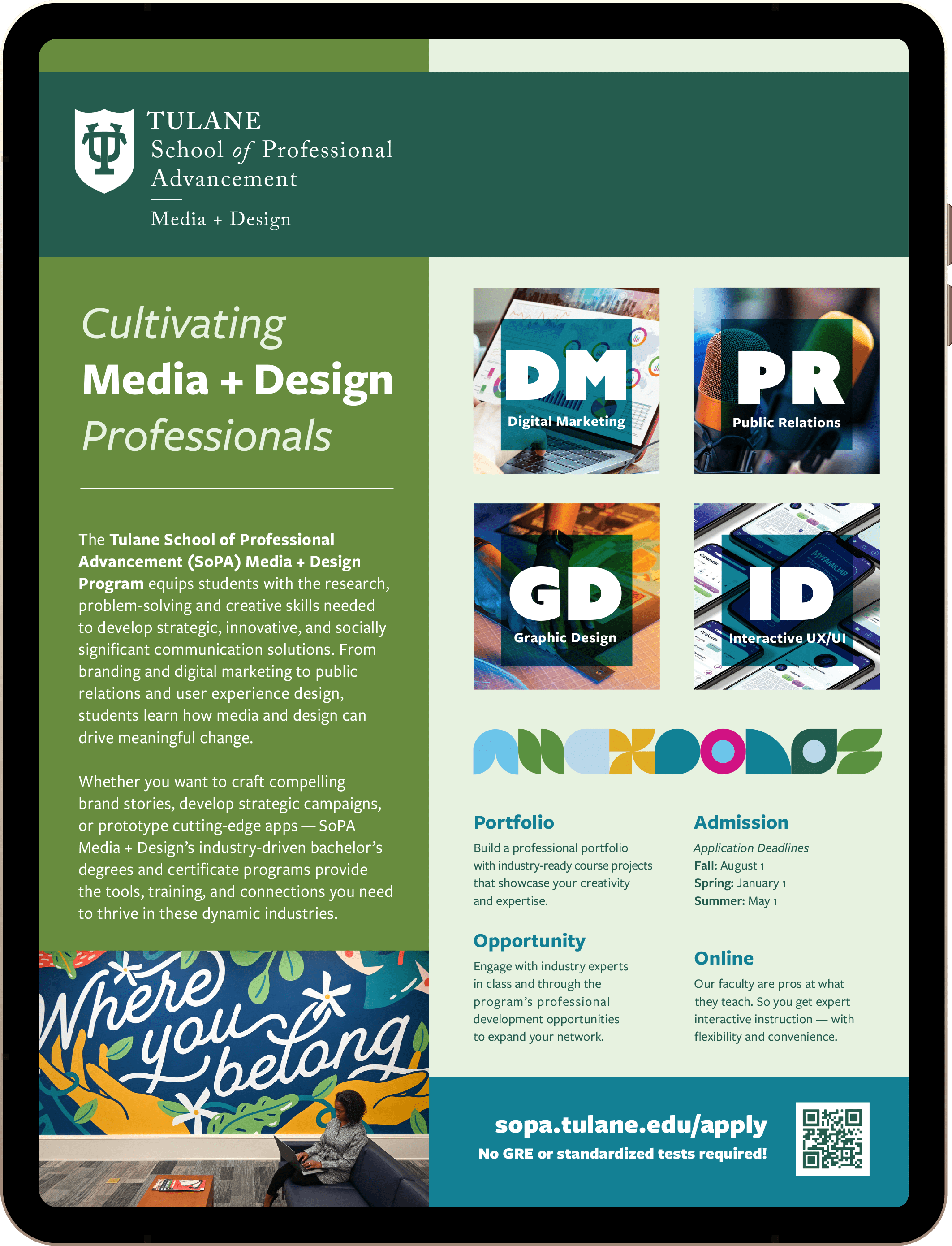 iPad graphic of the Media and Design program brochure