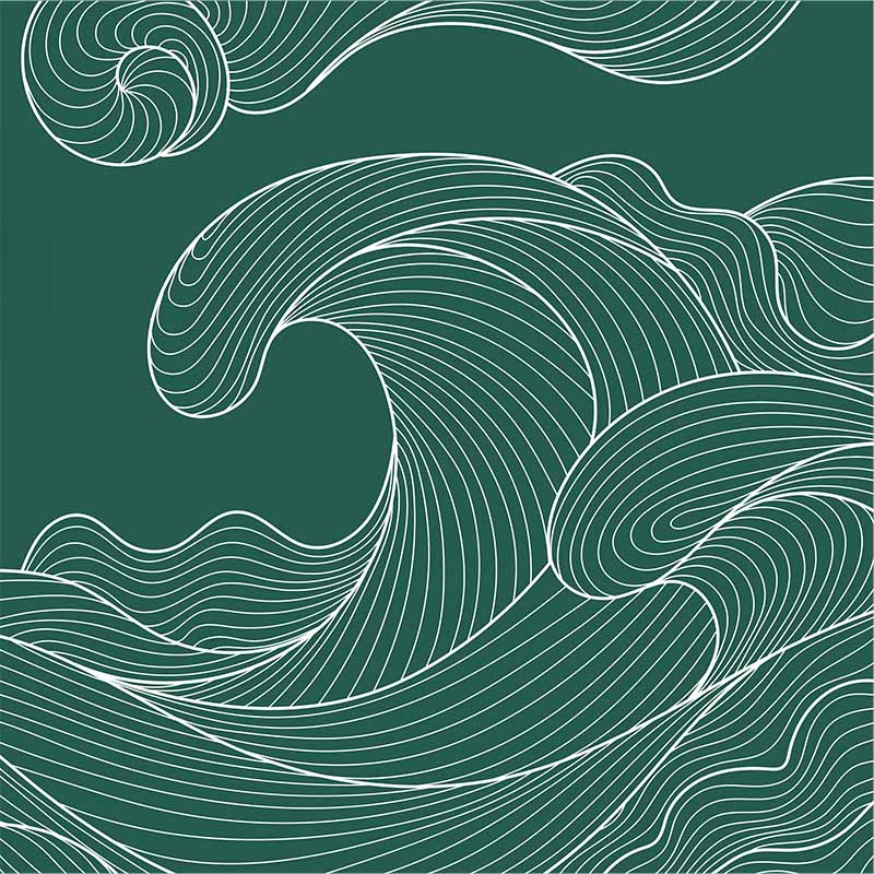 White stylized waves on a dark teal background.