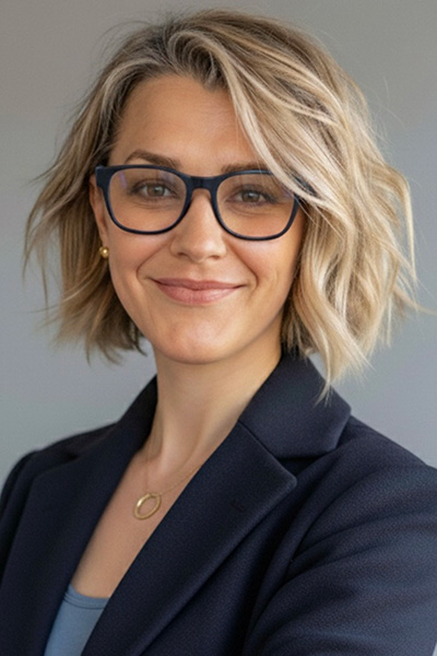 Portrait of a woman wearing glasses and a dark blue suit jacket.