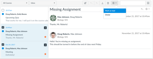 The messages system of Canvas used during online classes with Tulane School of Professional Advancement in New Orleans, LA