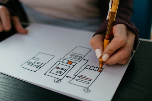 A person drawing a UI wireframe