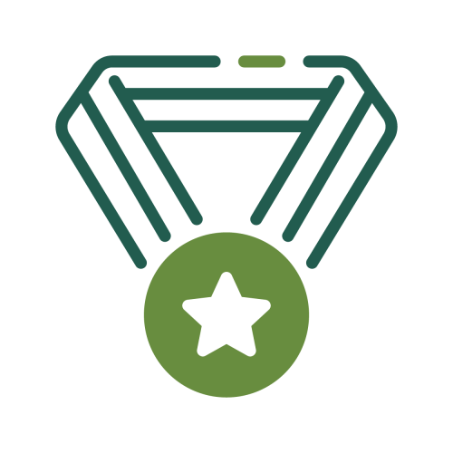 Green medal with a star on a ribbon.