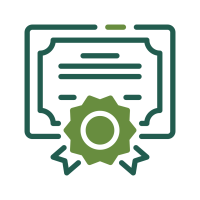 Certificate with a seal and ribbons, in dark green and olive green.