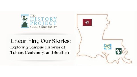 Graphic with Louisiana outline and three university logos.