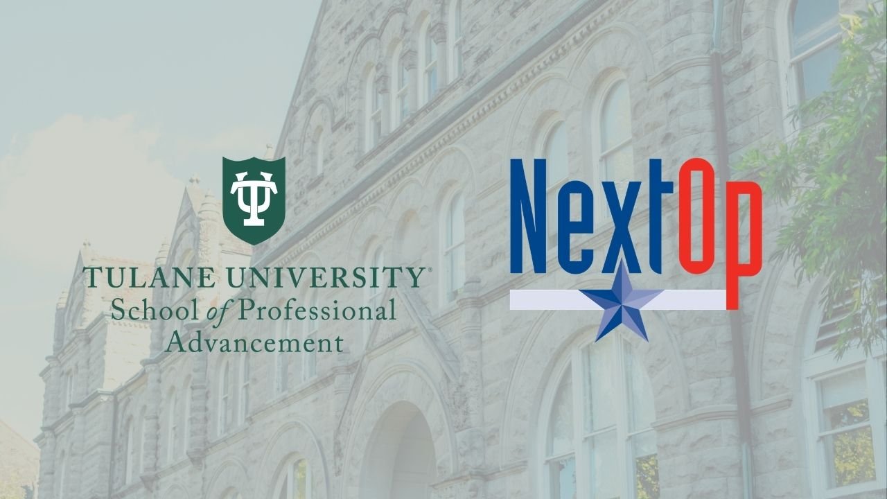 Tulane University School of Professional Advancement and NextOp logos over a building.