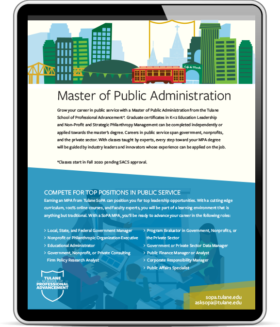 Screenshot of New Orleans, LA's Tulane School of Professional Advancement Master of Public Administration web page shown on an iPad