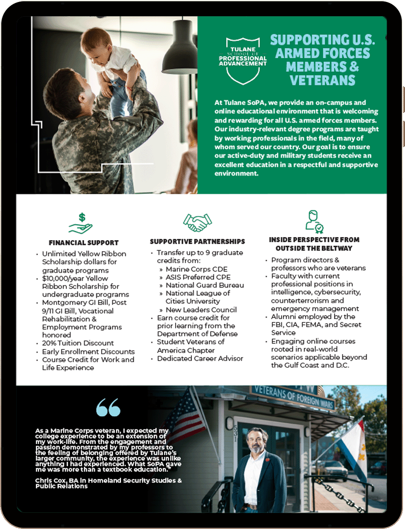 Tablet preview of e-brochure of resources for military students by continuing studies program Tulane School of Professional Advancement in New Orleans, LA